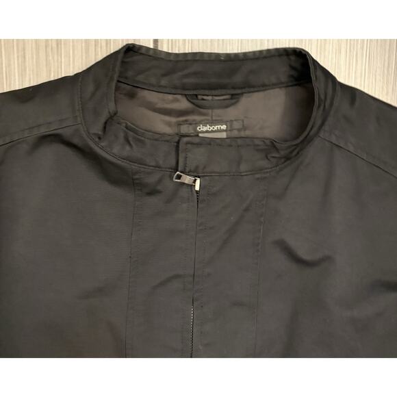 Claiborne Men’s Black Lined Vinyl Jacket Size Large Modern Mock Neck Classic - Picture 2 of 5